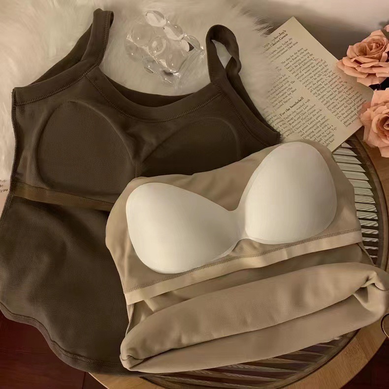 Invierno de la calefacción de terciopelo ropa interior térmica de las mujeres de lana larga forrada gruesa camisola bottoming Top con almohadilla en el pecho
