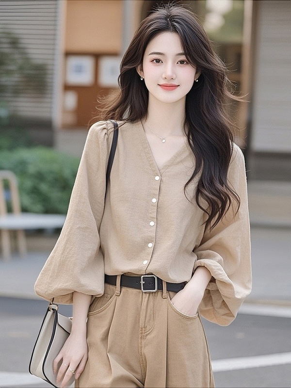 韓国風の上品で高級感のある小柄な女性向けゆったり体型カバー着痩せカーキシャツ レディース 2025春秋新作|undefined