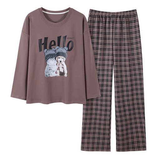 Women's 100% Cotton Pajamas for Autumn: Long-Sleeve, Long-Style Cartoon Design with Chest Pads—Cute, Wearable Home & Outfit Set
