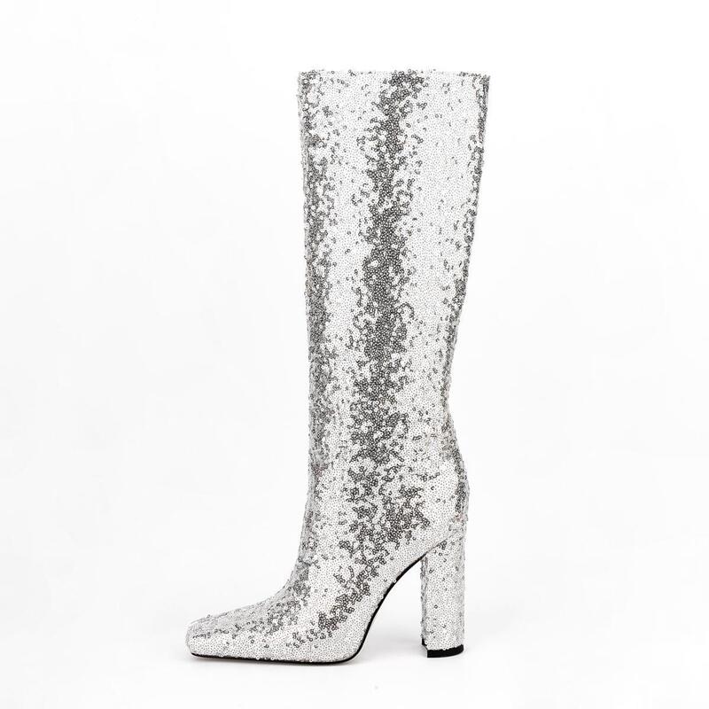 European and American Foreign Trade Cross-Border Spring and Autumn Silver Sequin Knee-High Boots Bridal Wedding Boots Large Size Chunky Heel High Heels Women's High Boots European and American Foreign Trade Cross-Border Spring and Autumn Silver Sequin Knee-High Boots Bridal Wedding Boots Large Size Chunky Heel High Heels Women's High Boots