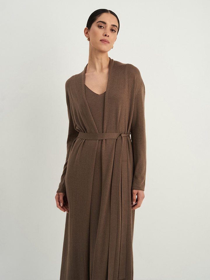 Bộ đầm dài kèm áo cardigan dệt kim dài tay nữ — Màu cà phê đậm, Màu hồng, Màu trắng, Màu xám chi tiết 139