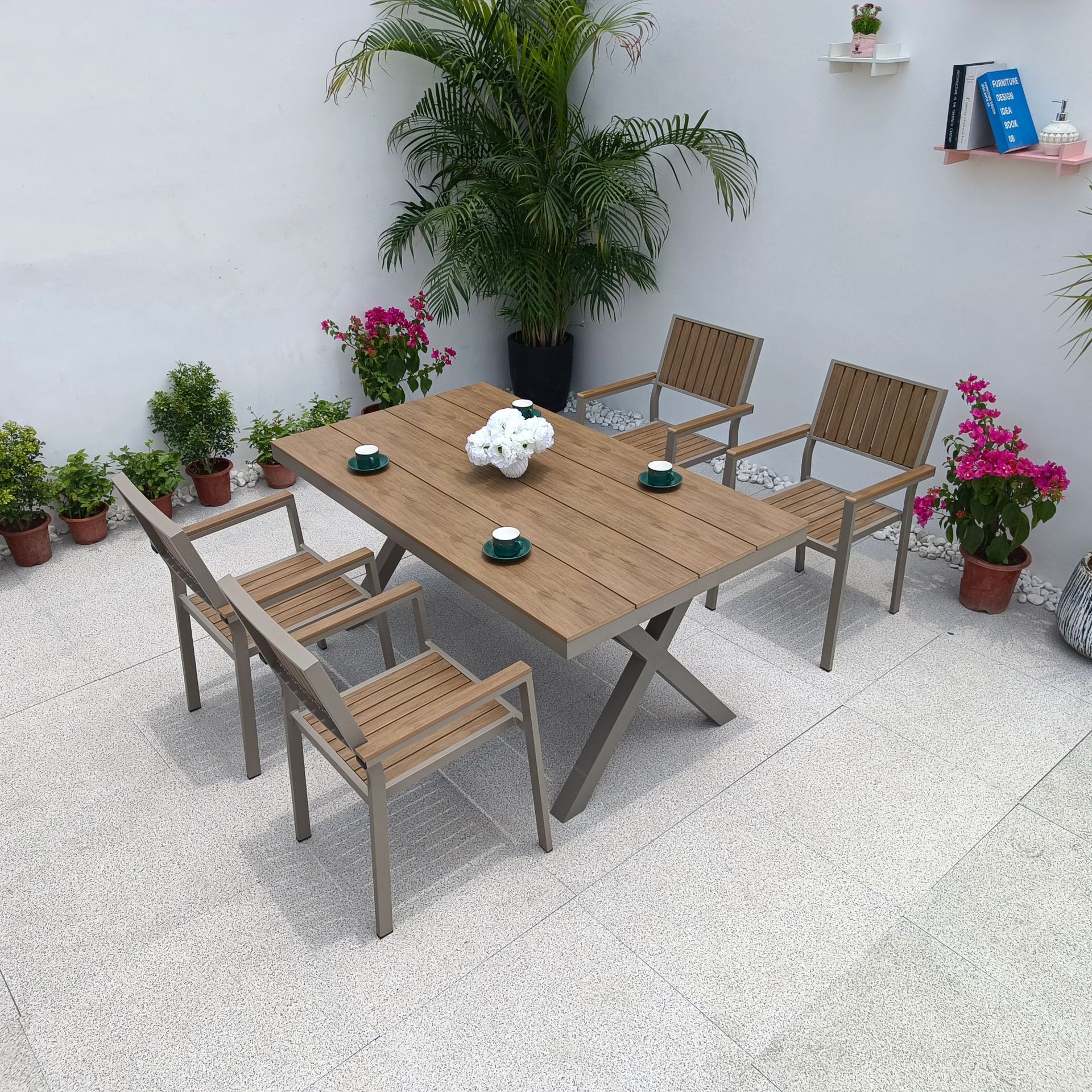 Mesas y sillas de patio al aire libre, mesas grandes, balcones, campamentos de ocio, mesas y sillas de madera de plástico de madera anticorrosiva, mesas exteriores de café y té con leche