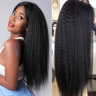 European and American Foreign trade chemical fiber African natural fluffy explosion yaki black long straight wig head cover factory in stock wholesale