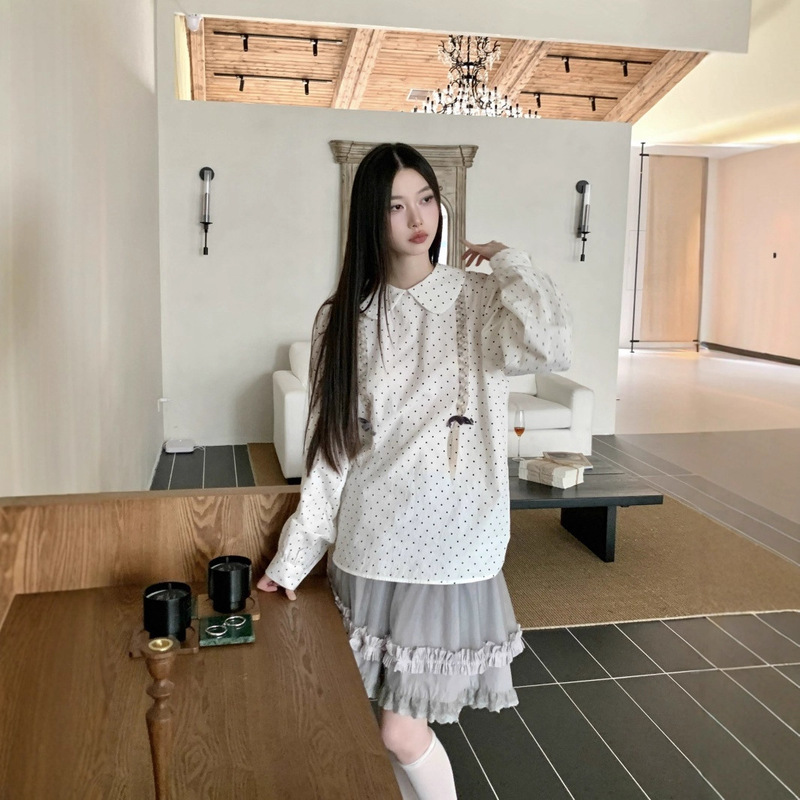 两根麻花辫辫子波点泡泡袖印花后门襟衬衫+双层花边纯棉底布纱裙|undefined