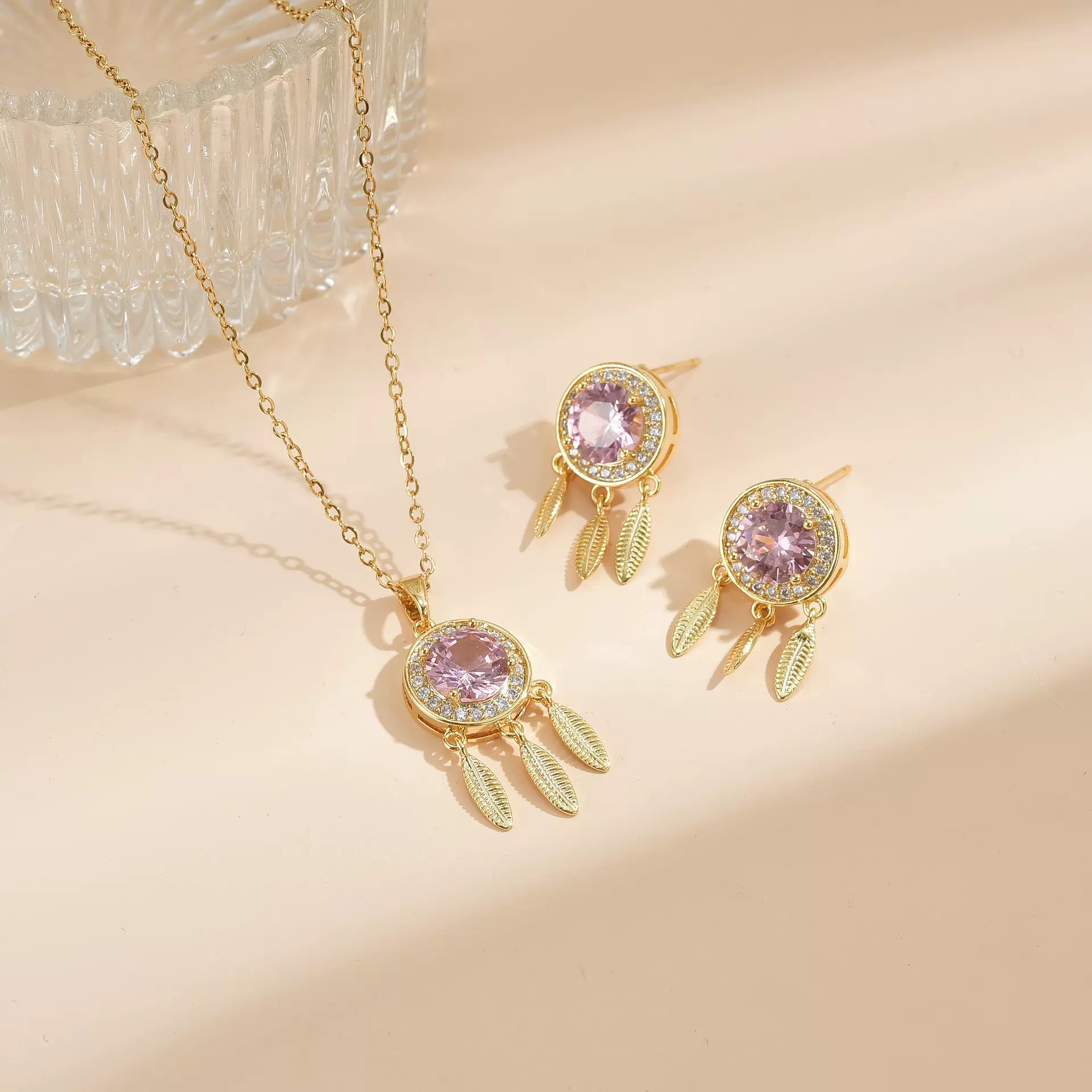 欧美跨境新品铜镀真金微镶锆石捕梦网轻奢个性高级感耳环项链套装