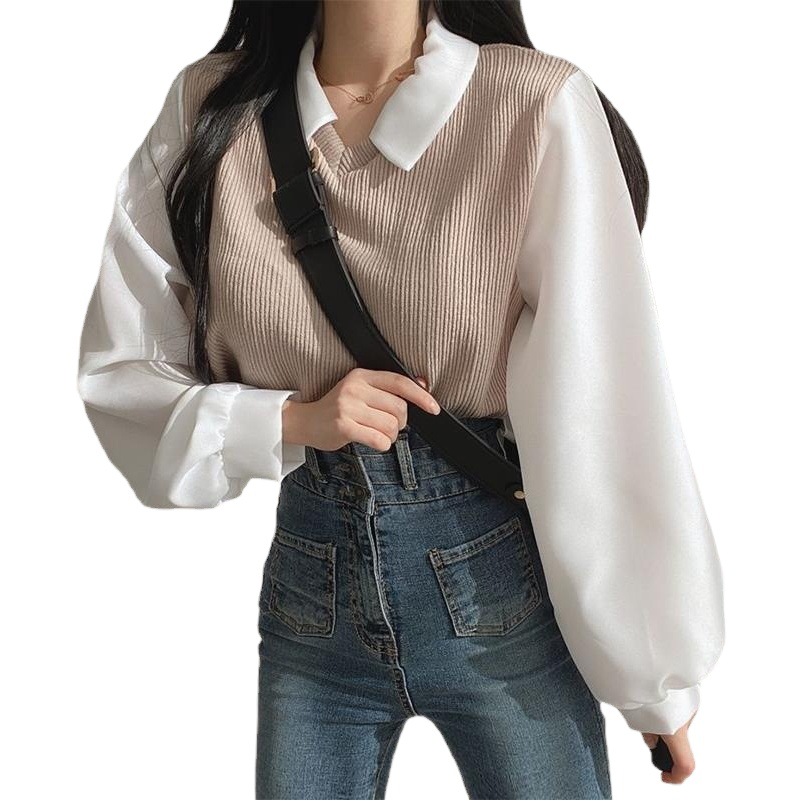 2025 Plus Size Fat Girl Fake Two-Piece T-Shirt Women's Patchwork Polo Collar Long Sleeve Sweatshirt Ribbed Loose Versatile Top