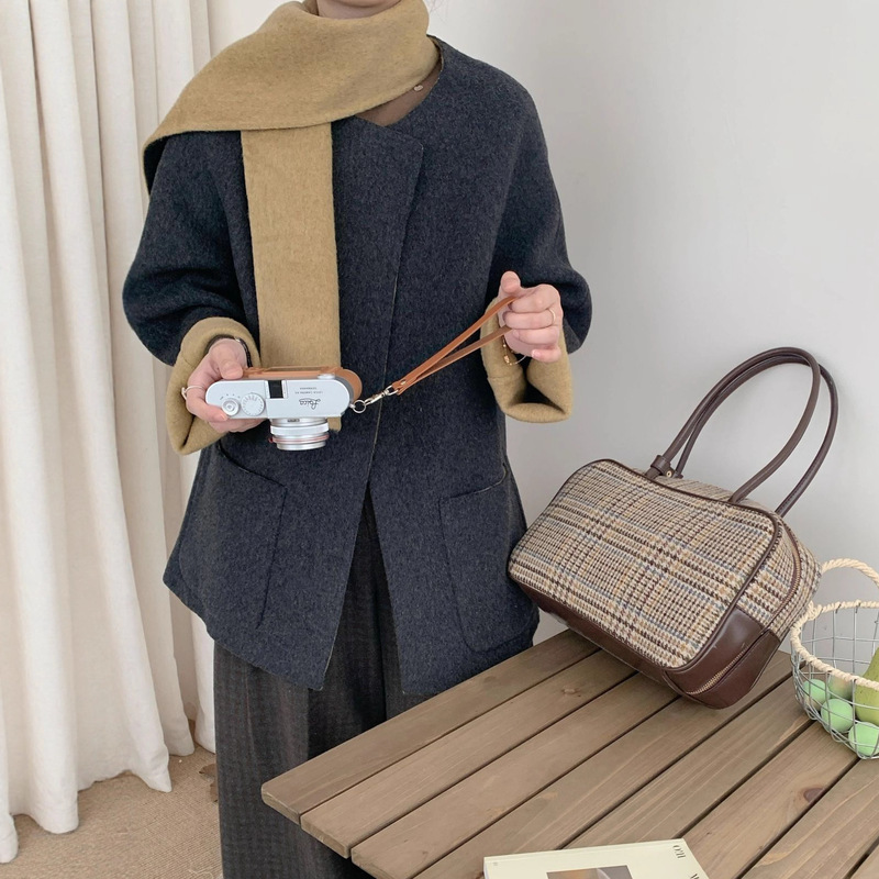 AB撞色围巾高级感圆领双面羊毛大衣女2025秋冬新款韩系小个子呢子|undefined