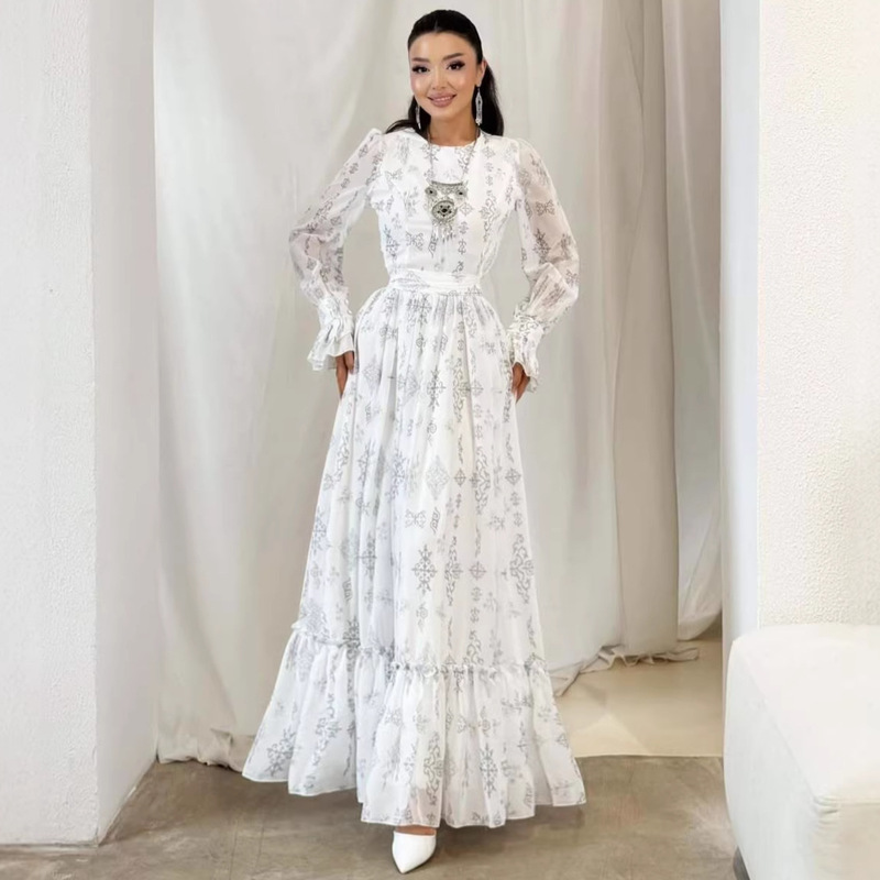 2026 New European and American Amazon Cross-Border Foreign Trade Women's Round-Neck Floral Tea Break Waist-Cinching Slimming Picnic Dress 2026 New European and American Amazon Cross-Border Foreign Trade Women's Round-Neck Floral Tea Break Waist-Cinching Slimming Picnic Dress