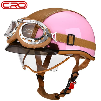 and Electric Bikes, Japanese-Style Helmet, Motosiklet kaskı (dəbilqə) - cro-summer-helmet-pink-transparent-mirror-yellow-leather-goggles-m-55-56cm-head-circumference
