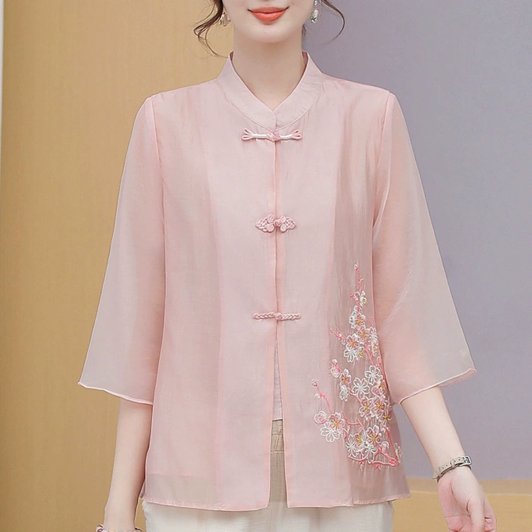 Новая летняя одежда для мам в китайском стиле, рубашки нового стиля, женская одежда среднего и пожилого возраста, модные рубашки и топы в национальном стиле.