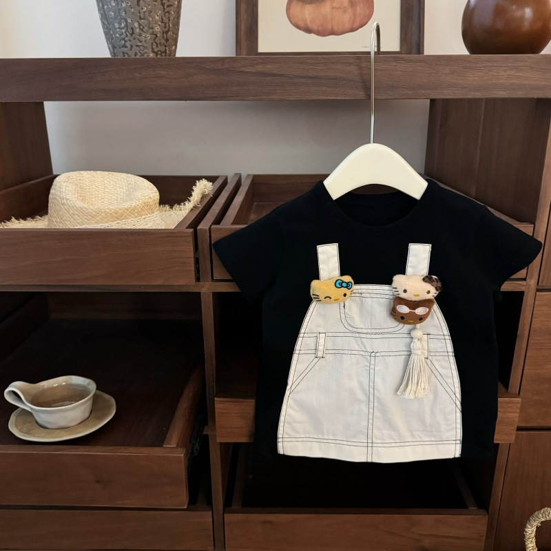 [Xianning Seven baby] 2025 verano niña falda de tirantes de dibujos animados falsa de dos piezas vestido de estilo occidental a juego falda linda