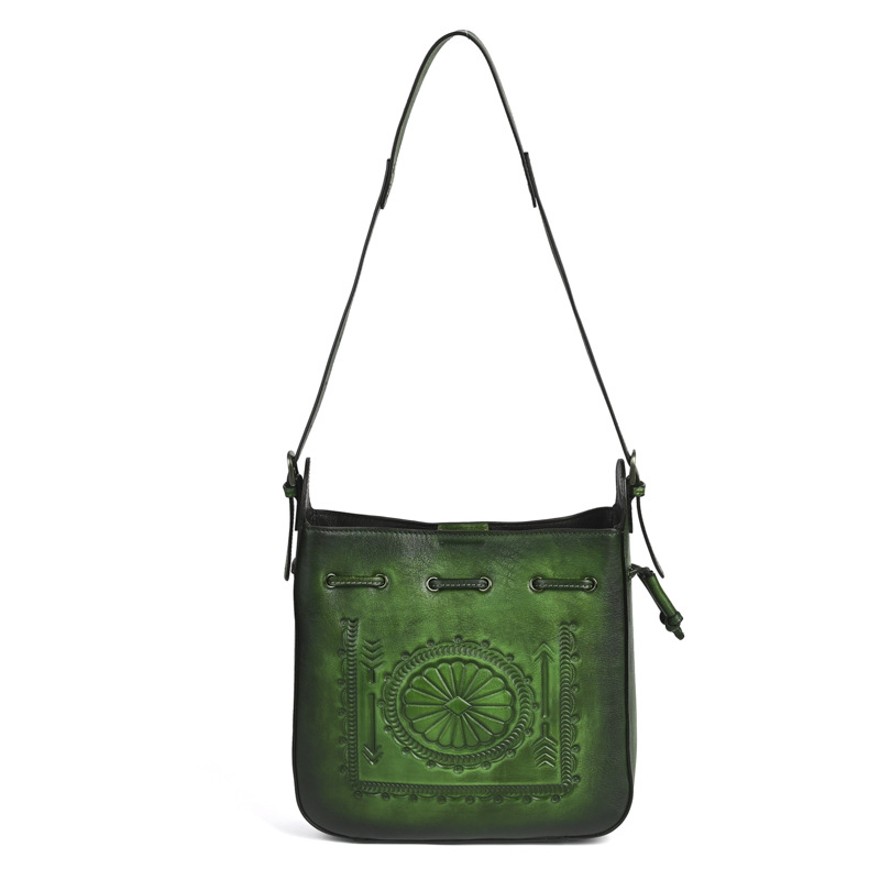 Túi tote da bò cổ điển phong cách vintage, đáy rộng, dung tích lớn, quai đeo vai — Màu xanh lá cây