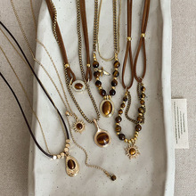 复古虎眼石串珠吊坠项链女美拉德个性精致时尚潮流百搭颈链锁骨链