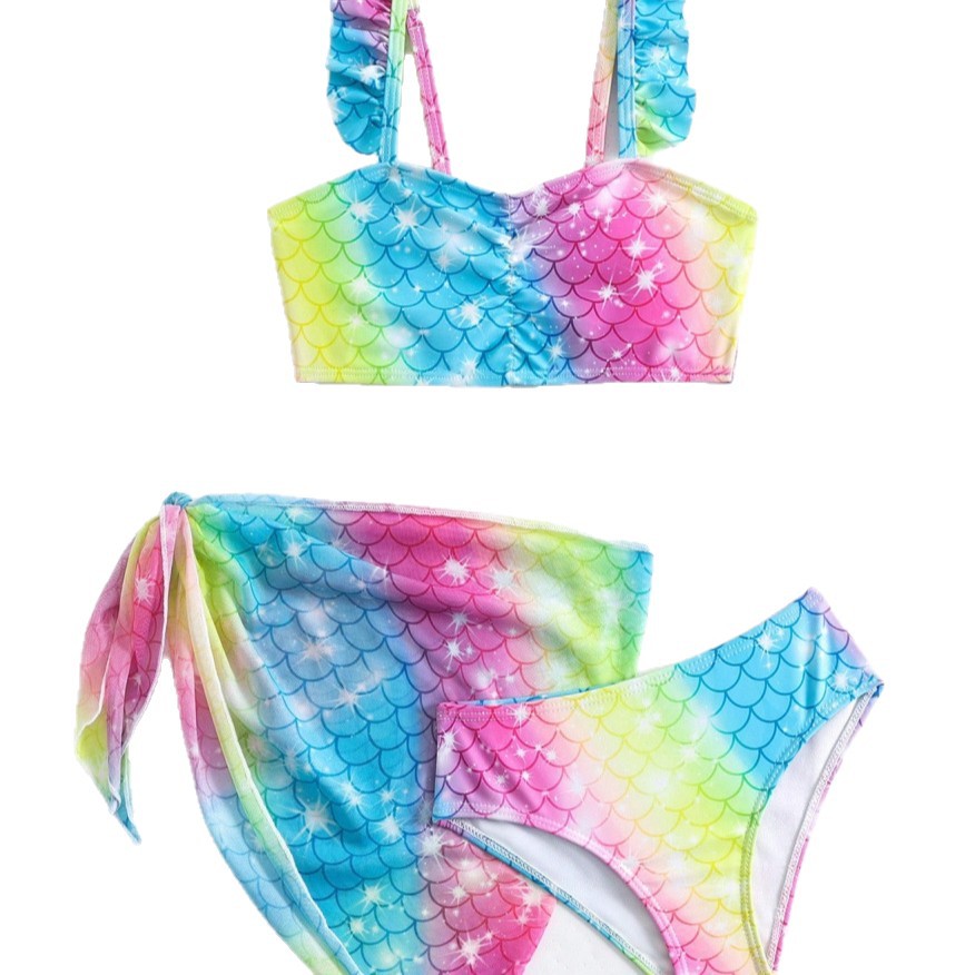 Meerjungfrauen-Badeanzug für Mädchen, zweiteilig, Baby-Bikini mit Trägern, dünnes Baumwoll-Polyester-Material, Sommerbademode für Kleinkinder und Kinder_voghion.com