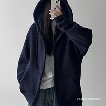 美式藏青色卫衣女春秋加绒复古连帽外套宽松慵懒开衫上衣