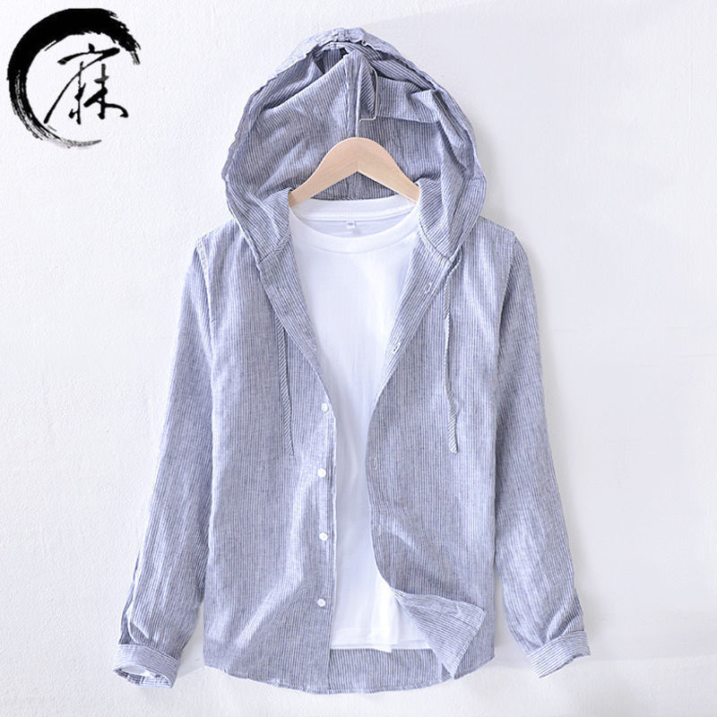 Spring and Autumn Men's Cotton and Linen Long-sleeved Shirt Men's Japanese Artistic Linen Top Thin Hooded Striped Shirt Jacket