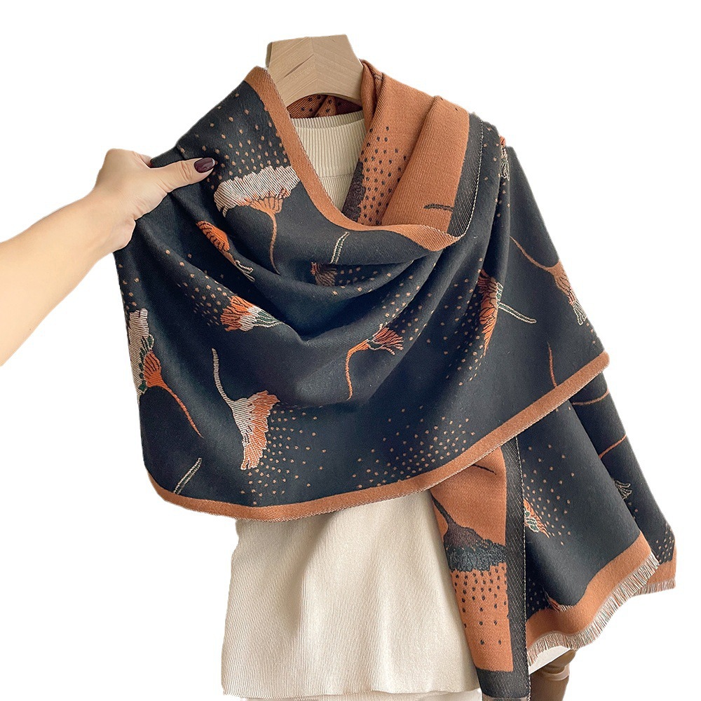 Imitation Cashmere Thickened Scarf for Girls with Dandelion Pattern Color Matching Shawl, Short Whiskers, Tassels Decoration, Warm Scarf_voghion.com