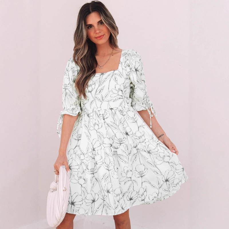Trendy European and American Cross-Border Casual High-Waisted Printed Short Skirt Summer New U-Neck Short-Sleeved Dress for Women Trendy European and American Cross-Border Casual High-Waisted Printed Short Skirt Summer New U-Neck Short-Sleeved Dress for Women
