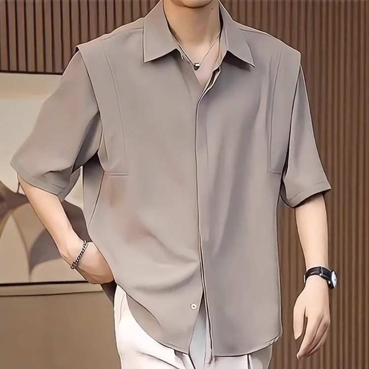 2025 New Style Drapey Ice Silk Short-Sleeved Shirt Men's Summer Half-Sleeved Top Korean Style Trendy Solid Color No-Iron Mid-Sleeve Lining