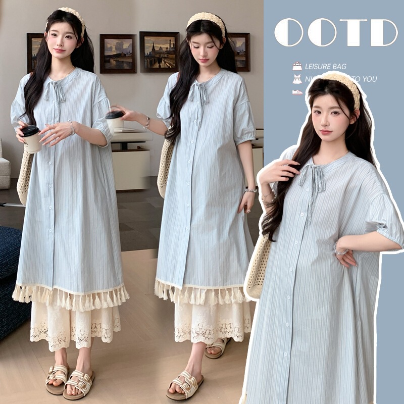 Artistic and Unique Beautiful Summer Outfits 2026 New Blue Striped Blouse Dress Lace Wide-Leg Pants Maternity Wear Artistic and Unique Beautiful Summer Outfits 2026 New Blue Striped Blouse Dress Lace Wide-Leg Pants Maternity Wear