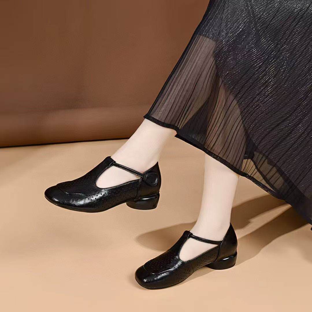 Sandal nữ da thật mũi tròn hở mũi gót thấp 4 cm đế bệt êm chân — màu đen chi tiết 5