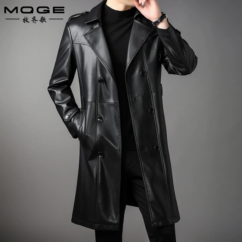 Мужская Длинная кожаная осенне-зимняя новая двубортная ветровка на флисовой подкладке с ремнем для делового отдыха, мягкая кожаная мужская ветровка, пальто