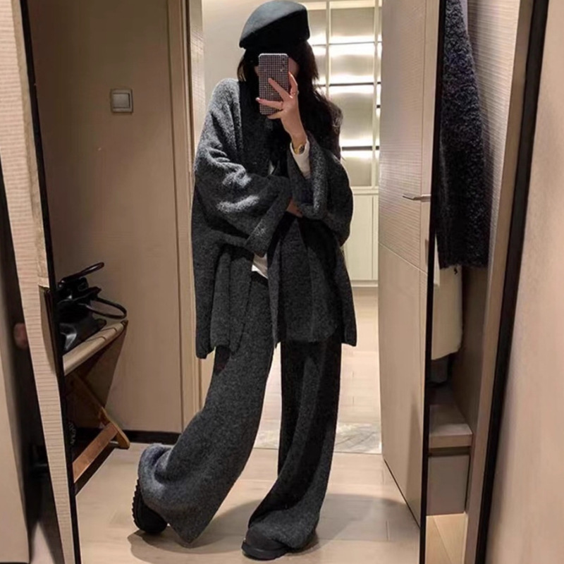 欧洲站跨境高级感穿搭针织套装女秋冬装宽松慵懒阔腿裤毛衣两件套|undefined