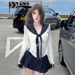 学院风辣妹秋基础修身t恤坎肩三件套设计感上衣内搭蛋糕裙女套装
