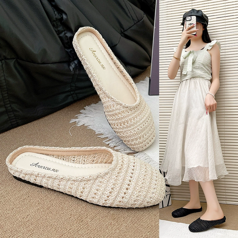 Женские праздничные тканые полутапочки во французском стиле, подходящие для ношения на улице, весна и лето 2025 года, в сочетании с платьями, вечерними бризами, туфлями Birkenstock с закрытым носком.