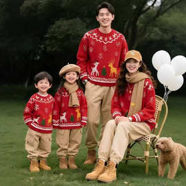 秋冬加厚圣诞节麋鹿红色毛衣亲子装新款慵懒风外穿宽松套一家三口