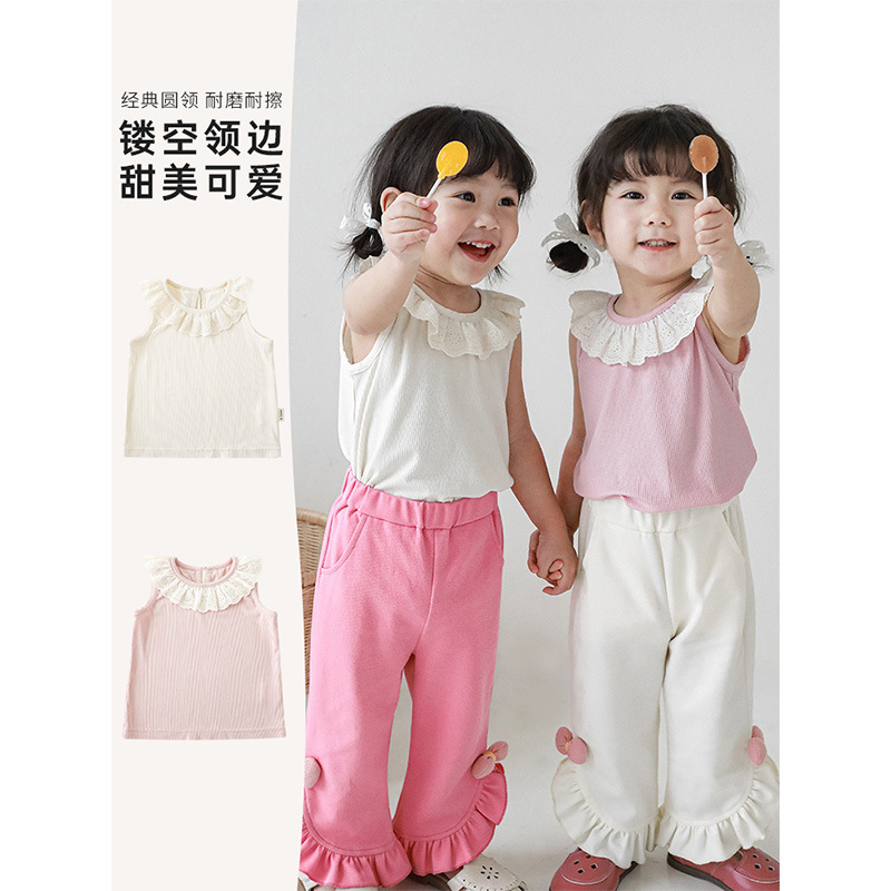Qiududo muchachas lindas de encaje escote color sólido chaleco verano nuevos niños ropa estilo coreano del bebé delgada superior