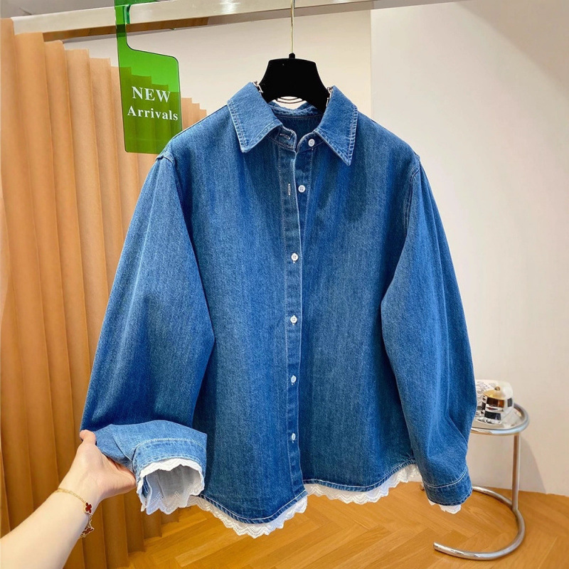 High-End Retro Blue Denim Shirt for Women 2025 Early Spring New Style Loose Casual Lace Splicing Layered Top