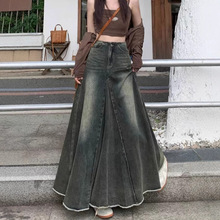 美式水泥灰牛仔半身裙女2025年春秋季高腰显瘦中长a字包臀大摆裙