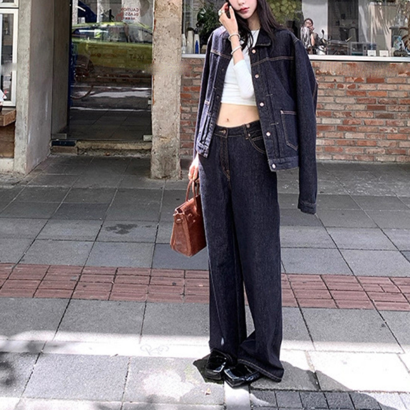 美式复古牛仔外套女秋季新款休闲宽松小个子短款夹克上衣裤子套装|undefined
