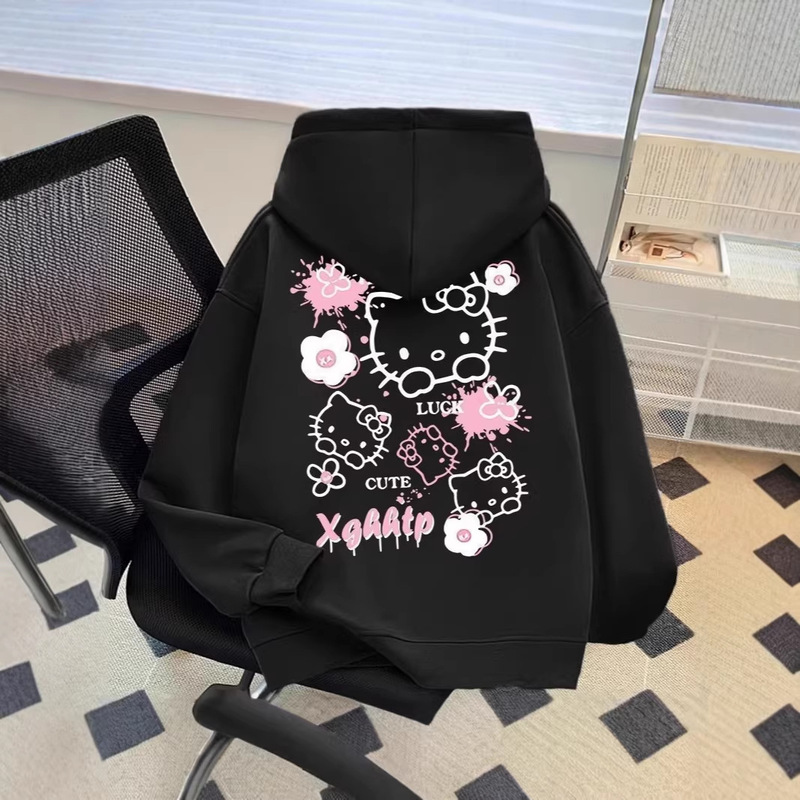 2026 Spring and Autumn New Niche Style Sweet Cool Hello Kitty Print Casual Versatile Hooded Loose Sweatshirt for Women Ins 2026 Spring and Autumn New Niche Style Sweet Cool Hello Kitty Print Casual Versatile Hooded Loose Sweatshirt for Women Ins