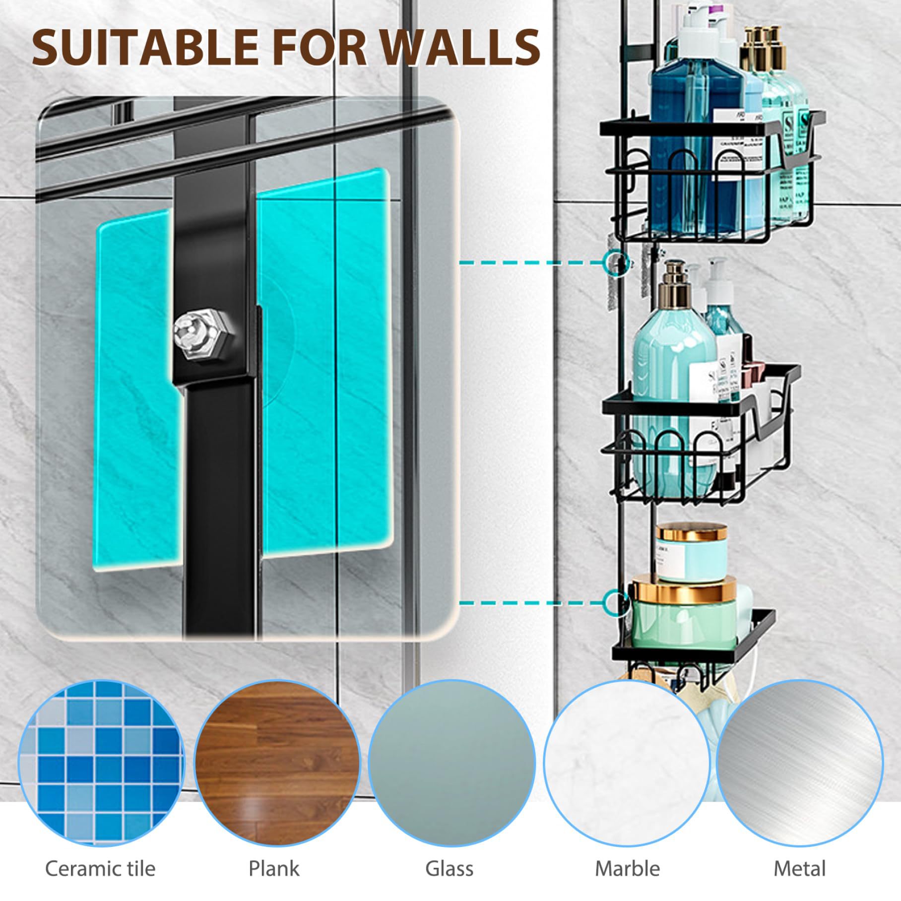 Estantes de baño de inodoro puerta de vidrio percha de inodoro negro almacenamiento de toallas percha de ducha cesta percha sin perforación