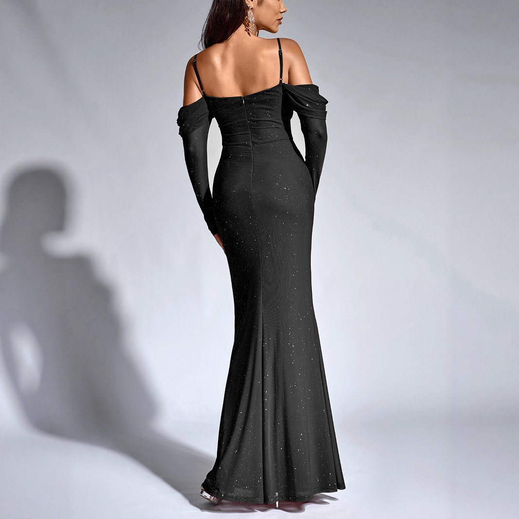 Robe de soirée élégante et cintrée, style européen, épaules dénudées, ornée d'un voile de tulle poudré, collection automne-hiver._voghion.com