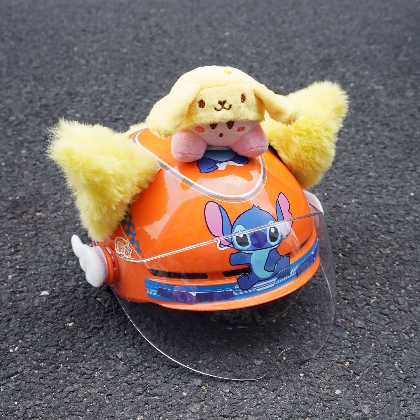 Cute plush versatile yellow cat ear helmet with accessories, Kirby detachable motorcycle helmet gear