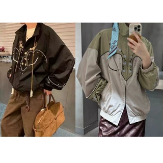法式小众26年秋冬新款复古花卉刺绣翻领拉链夹克外套宽松休闲上衣