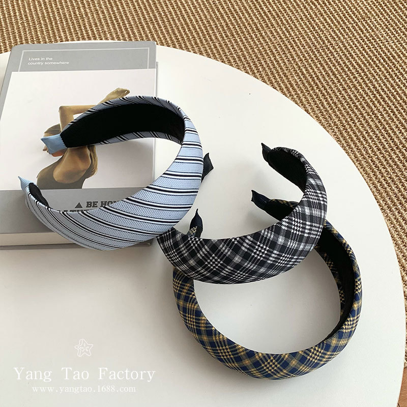 Diadema de tela a cuadros azul coreana, mujer fresca y versátil, diadema superior de cráneo alto blanco, horquilla de presión de temperamento fuera