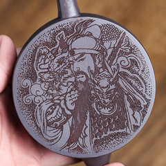 宜興名家天青泥紫砂壺 純手工春秋漢瓦茶壺陶刻關羽茶具李盧春制