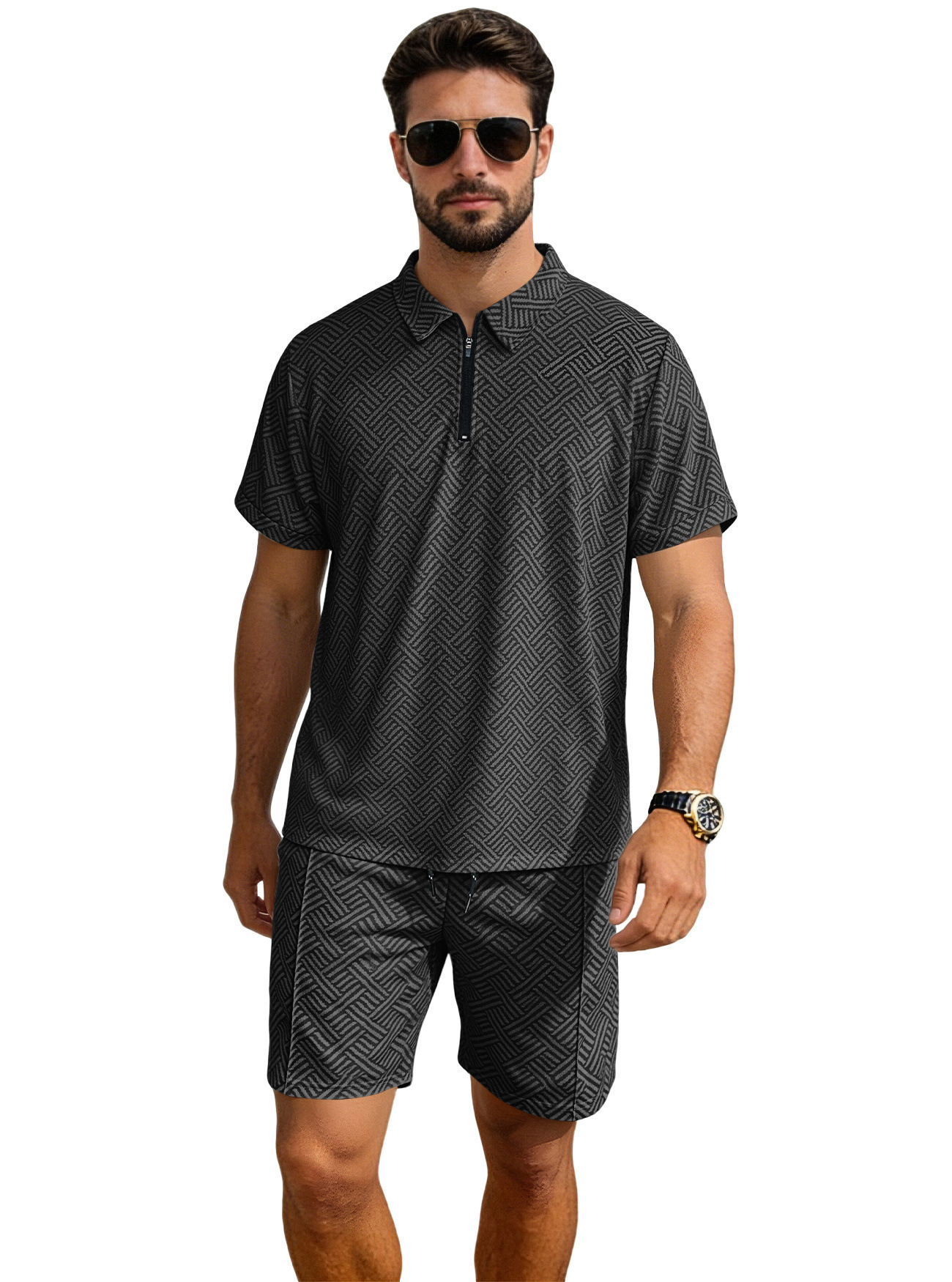 Verano transfronterizo nuevo hombre venta de cremallera manga corta polo vacaciones ocio comercio exterior manga corta set