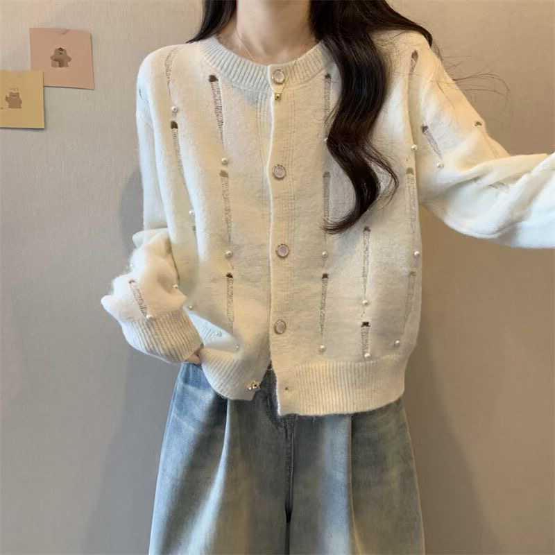 2024 New Knitted Cardigan Women's Small Fragrant Style Heavy Industry Beads Long Sleeve Design Sweater Coat Small Top