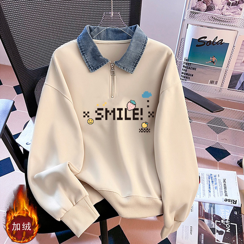 Polo collar winter fleece-lined sweater women's autumn and winter new design sense half zipper fake two-piece top coat thickened