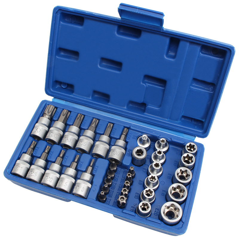 适用34件套E型梅花星形批头套筒组 异性压配批头  3/8寸 5/16寸