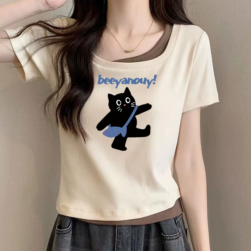 Стильная женская футболка с короткими рукавами и U-образным вырезом из двух частей, летняя корейская футболка для похудения, сексуальный короткий топ с принтом