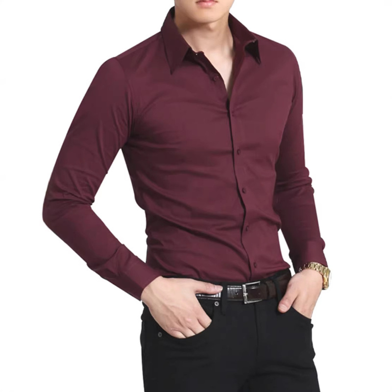 Burgundy Solid Color Shirt for Men, No-Iron, Slim Fit, Long-Sleeved, Business Formal Wear, Suit Inner Shirt, Casual Workwear Shirt