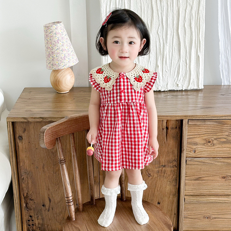 2025 Summer New Children's dress Girls Strawberry Plaid Skirt Korean Style Children's Girls Summer Dress