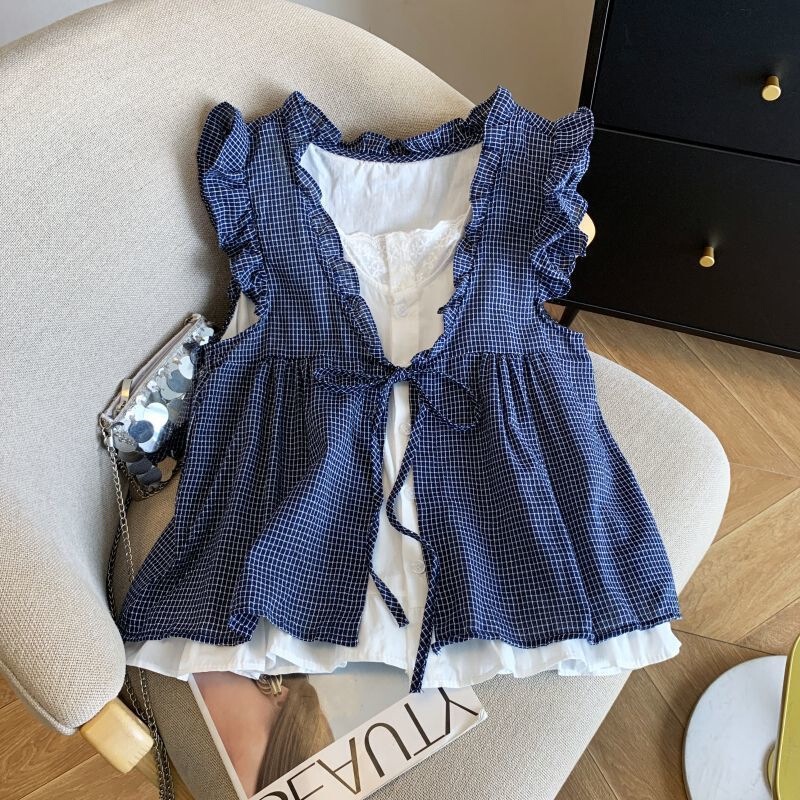 Korean-Style Plaid Two-Piece Shirt with Ear-Shaped Details, 2026 Summer Loose Sleeveless New Doll-Style Vest Top with Tie Korean-Style Plaid Two-Piece Shirt with Ear-Shaped Details, 2026 Summer Loose Sleeveless New Doll-Style Vest Top with Tie
