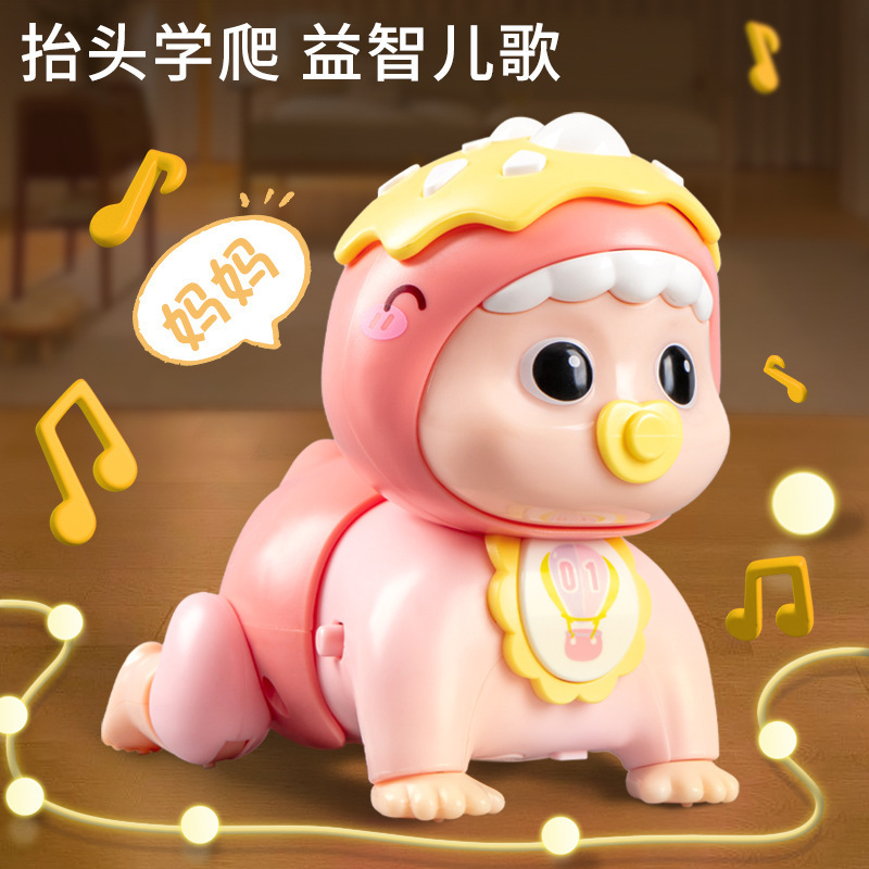 Bebé aprende a gatear, practica la cabeza, mira hacia arriba, divertido juguete eléctrico de luz y sonido, muñeca de dibujos animados, bebé, educación temprana, iluminación